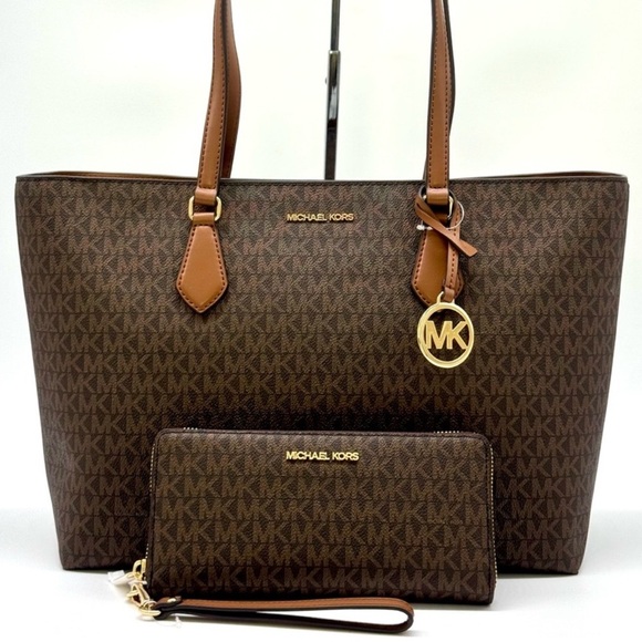 Michael Kors Sheila Large Logo Tote Bag & Matching Continental Wallet Brown - Picture 1 of 13